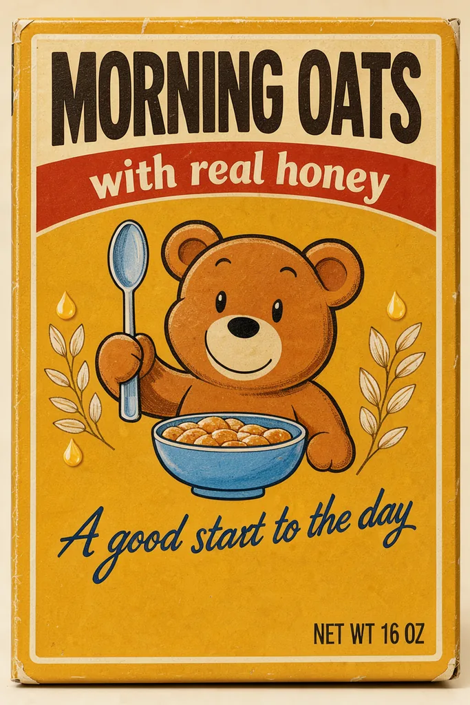 A 1960s cereal box, 'MORNING OATS' in bold rounded letters, 'with real honey' in a banner, a cartoon bear…, made with FLUX 3 Image Klein