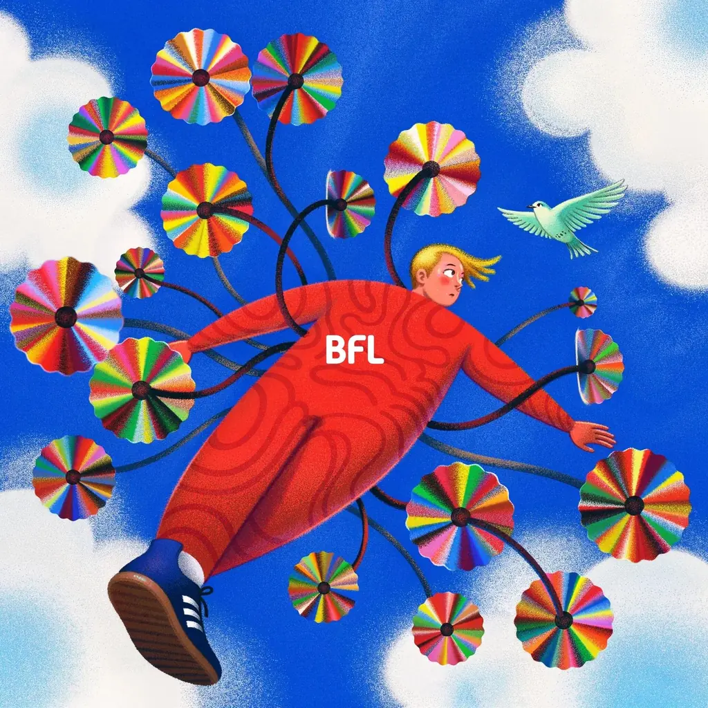 A figure in red floating among rainbow pinwheels, made with FLUX 3 Image Klein