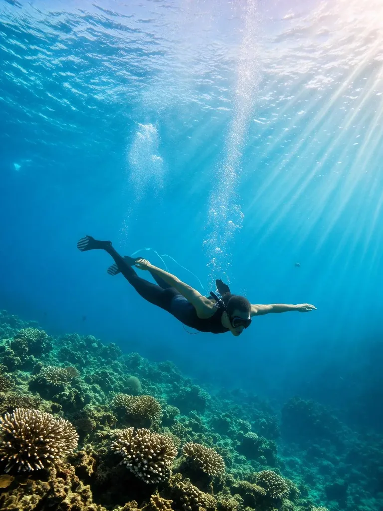 A freediver gliding above a coral reef, made with FLUX 3 Image Klein