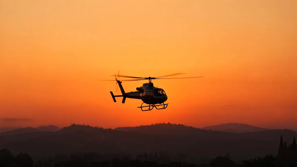A silhouette of a helicopter flying against a backdrop of softly undulating hills during a vivid orange…, made with FLUX 3 Image Klein