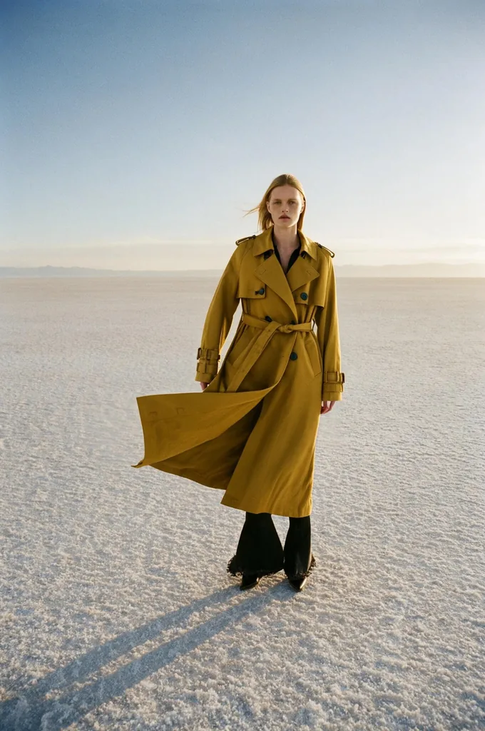 Fashion editorial: a model in an oversized mustard trench coat stands on a windswept white salt flat, the…, made with FLUX 3 Image Klein