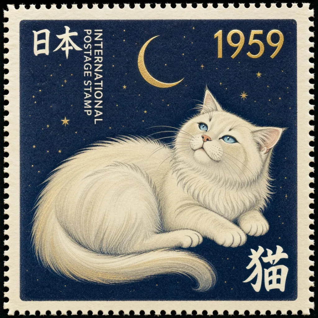 A navy postage stamp with a white long-haired cat under a gold crescent moon, the text 日本 INTERNATIONAL…, made with FLUX 3 Image Klein