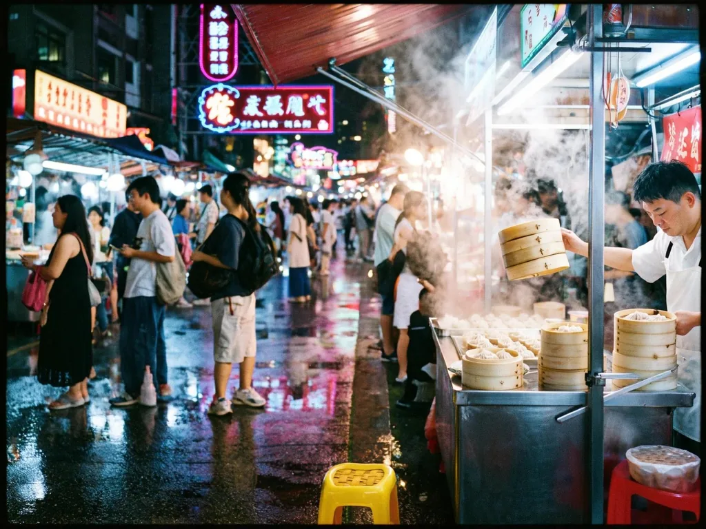 A night market in Taipei: steam rises from a dumpling stall as a cook in a white apron lifts a bamboo steamer…, made with FLUX 3 Image Klein
