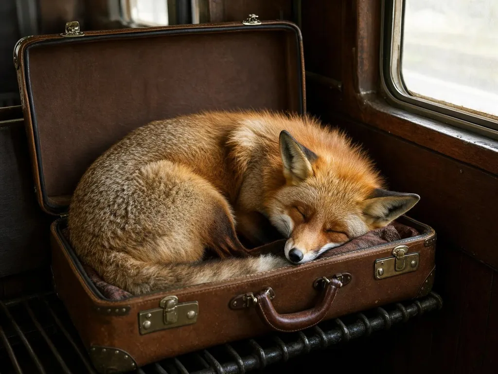 A red fox asleep in a vintage suitcase on a train, made with FLUX 3 Image Klein