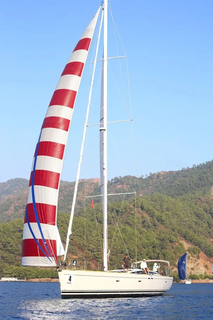 A sailing boat with white sails, edited with FLUX 3 Image Klein: Add broad crimson stripes across the sails