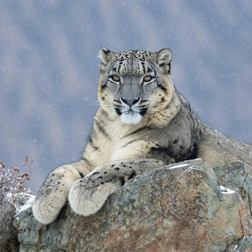 A snow leopard resting on a rocky ledge, made with FLUX 3 Image Klein