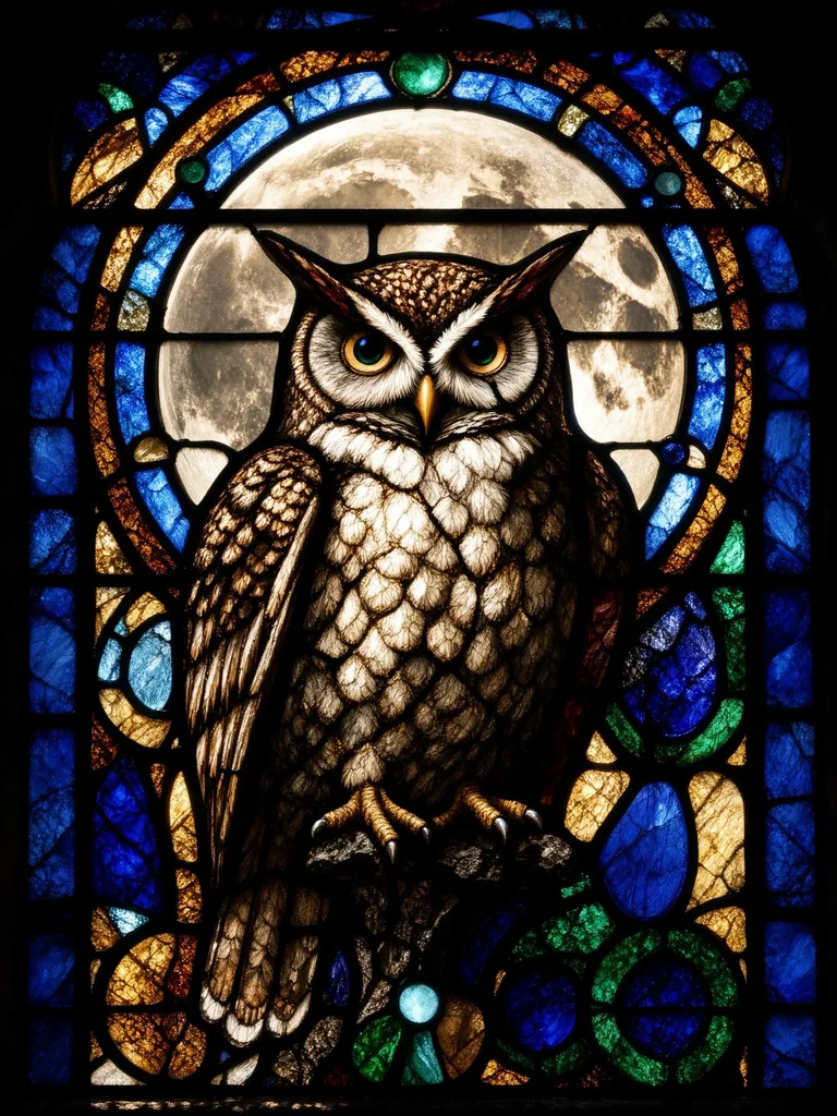Stained glass window of an owl in front of a full moon, thick black lead lines, jewel-toned glass in…, made with FLUX 3 Image Klein