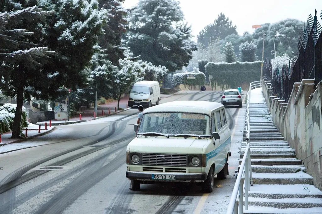 A van on a tree-lined street, edited with FLUX 3 Image Klein: Turn this summer street into winter after light snowfall