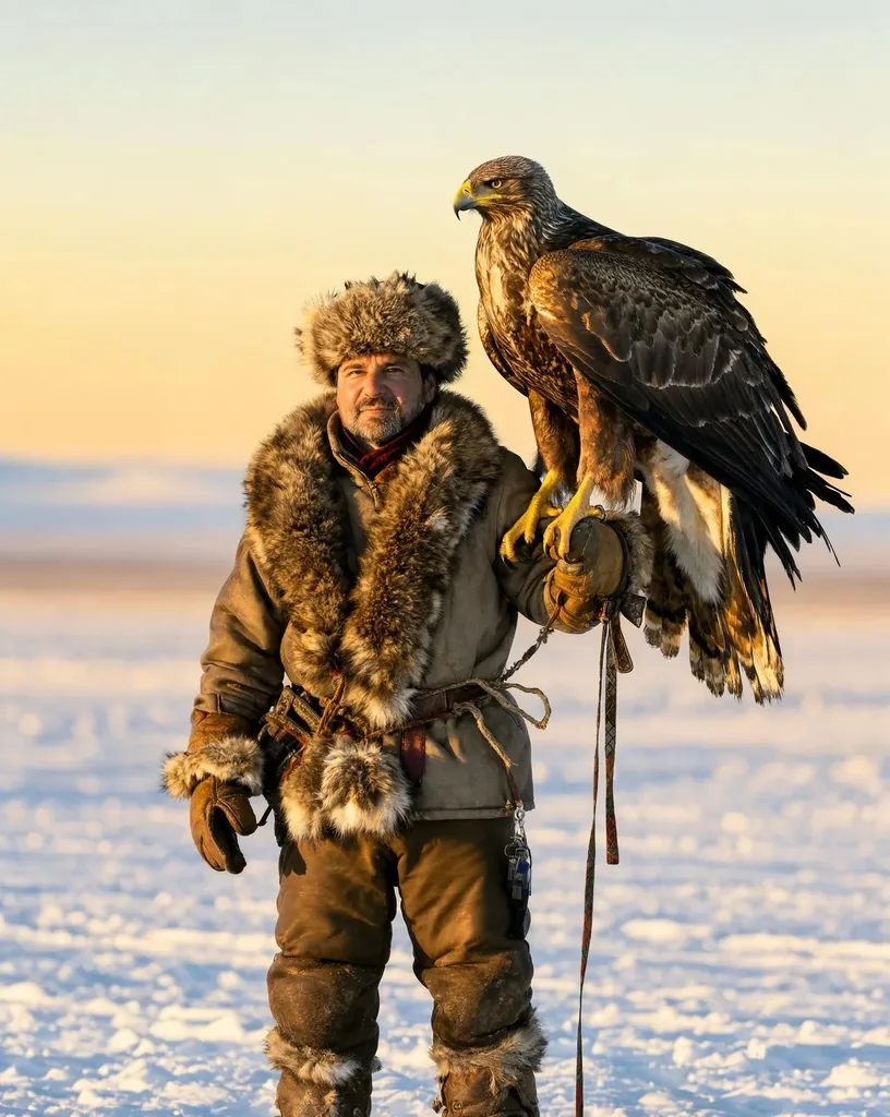 An eagle hunter holding a golden eagle at golden hour, made with FLUX 3 Image Klein