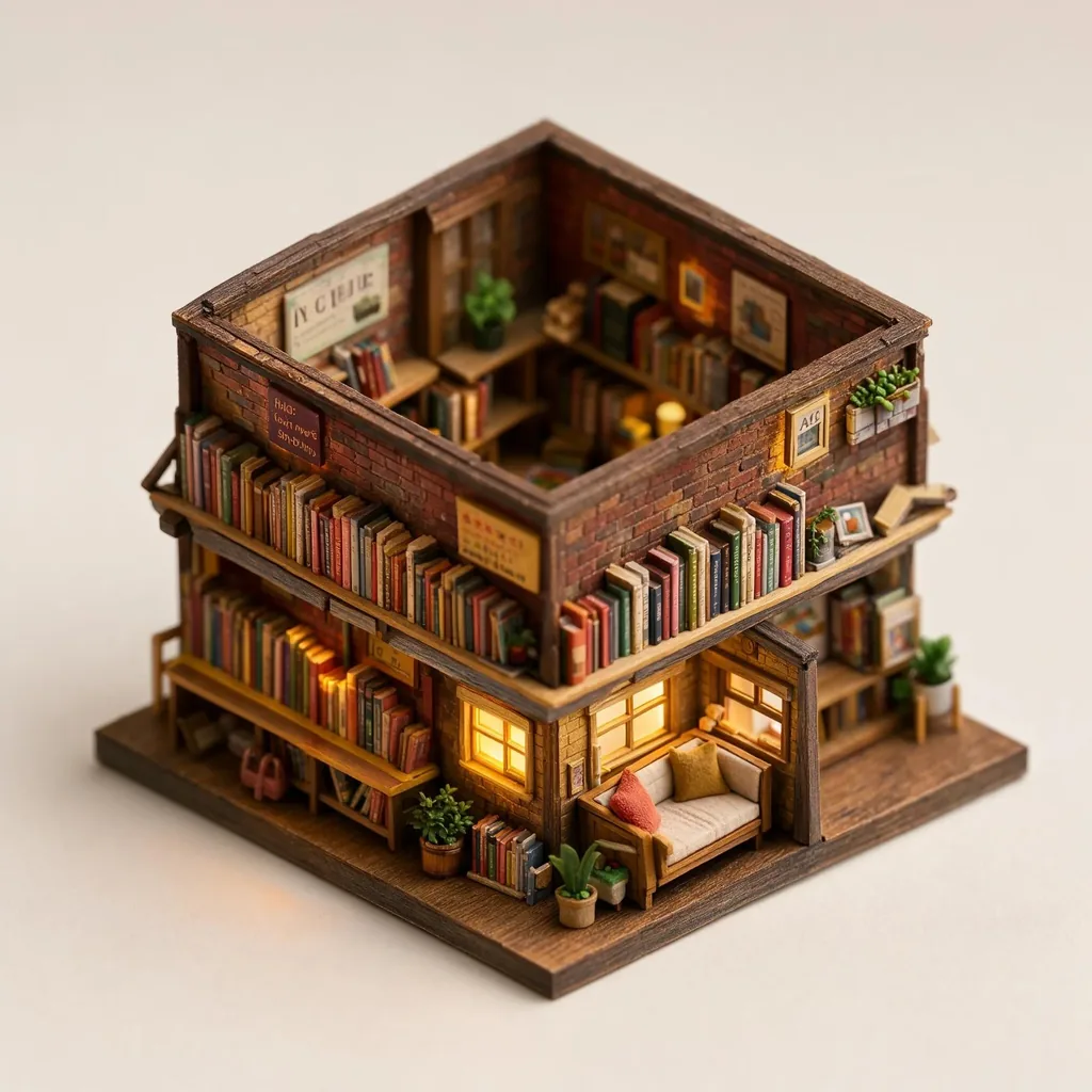 Isometric 3D diorama of a tiny two-story bookshop with a reading nook, warm interior lights glowing through…, made with FLUX 3 Image Klein