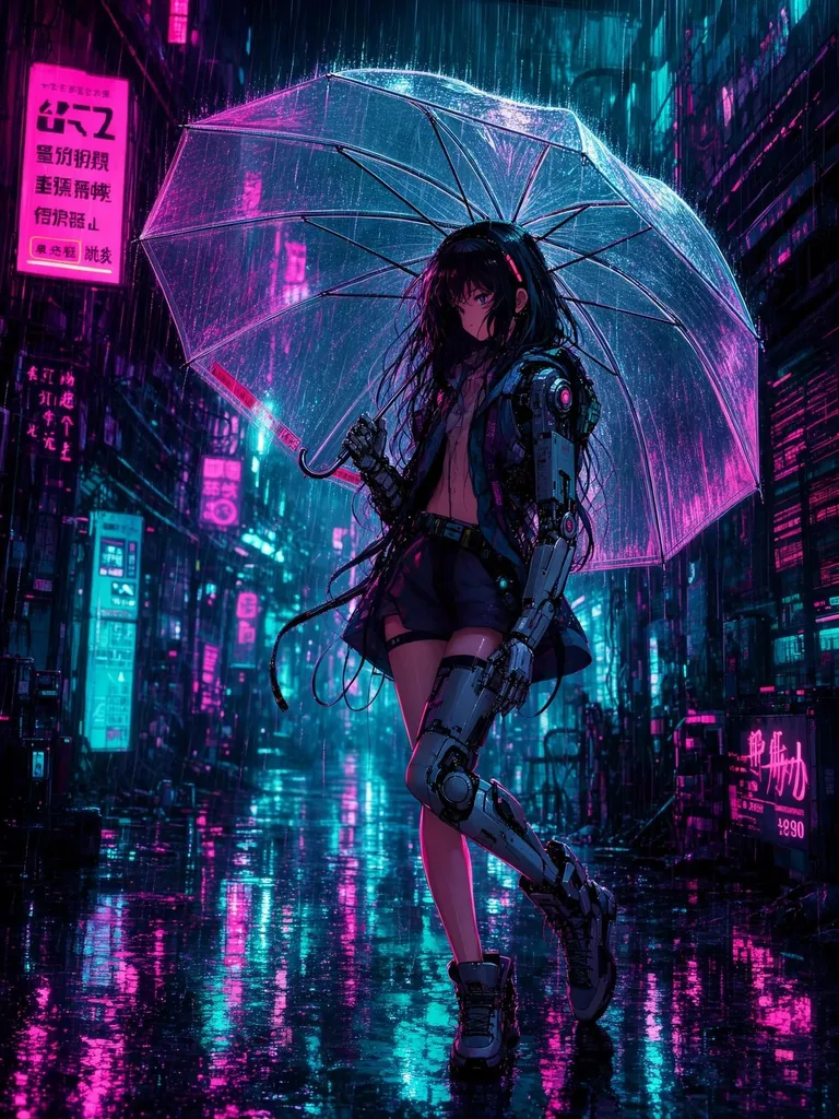 Anime figure with a clear umbrella in a neon street, made with FLUX 3 Image Klein