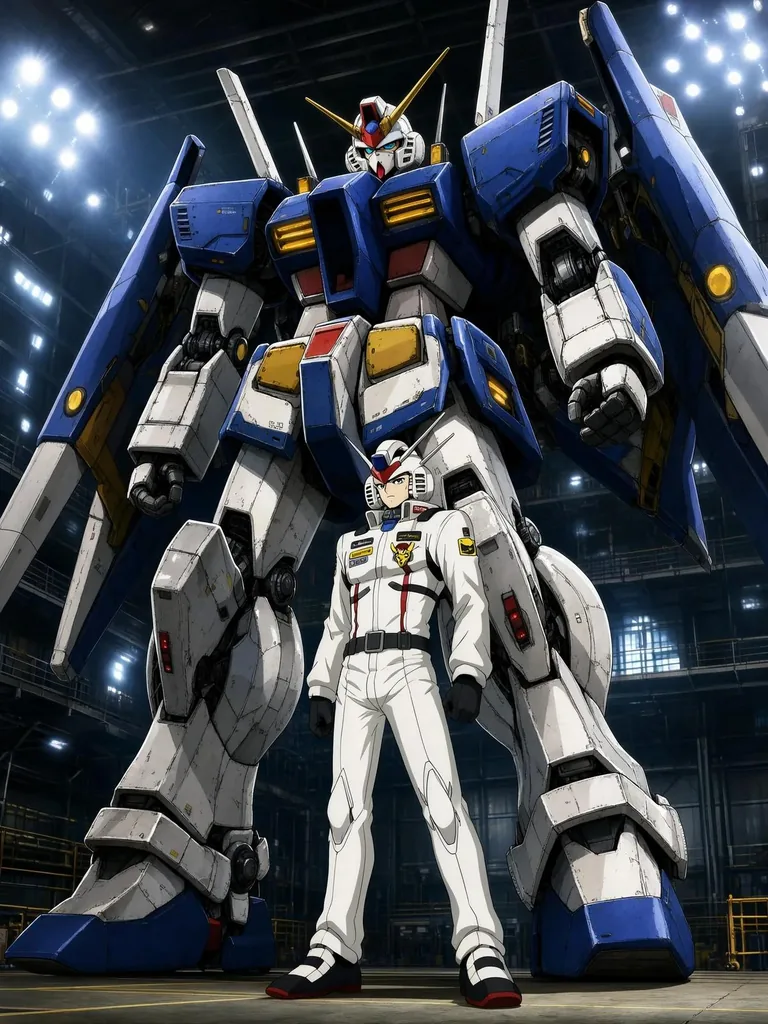 Anime pilot in front of a giant mecha in a hangar, made with FLUX 3 Image Klein