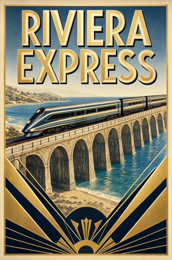 Art deco travel poster of a streamlined train crossing a coastal stone viaduct, bold text "RIVIERA EXPRESS"…, made with FLUX 3 Image Klein