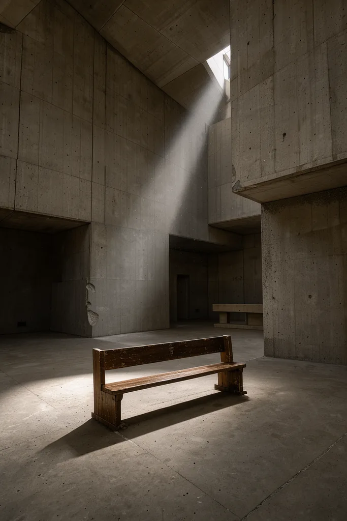 The interior of a brutalist concrete church, one slot of daylight falling on raw concrete, an empty wooden…, made with FLUX 3 Image Klein