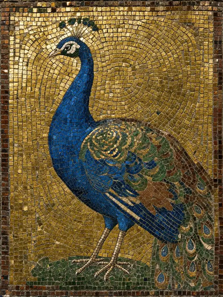 Byzantine mosaic of a peacock in blue and gold, made with FLUX 3 Image Klein