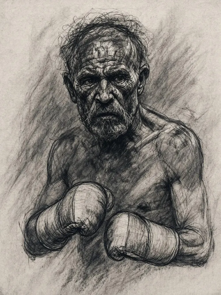 Charcoal sketch of an old boxer with taped hands, made with FLUX 3 Image Klein