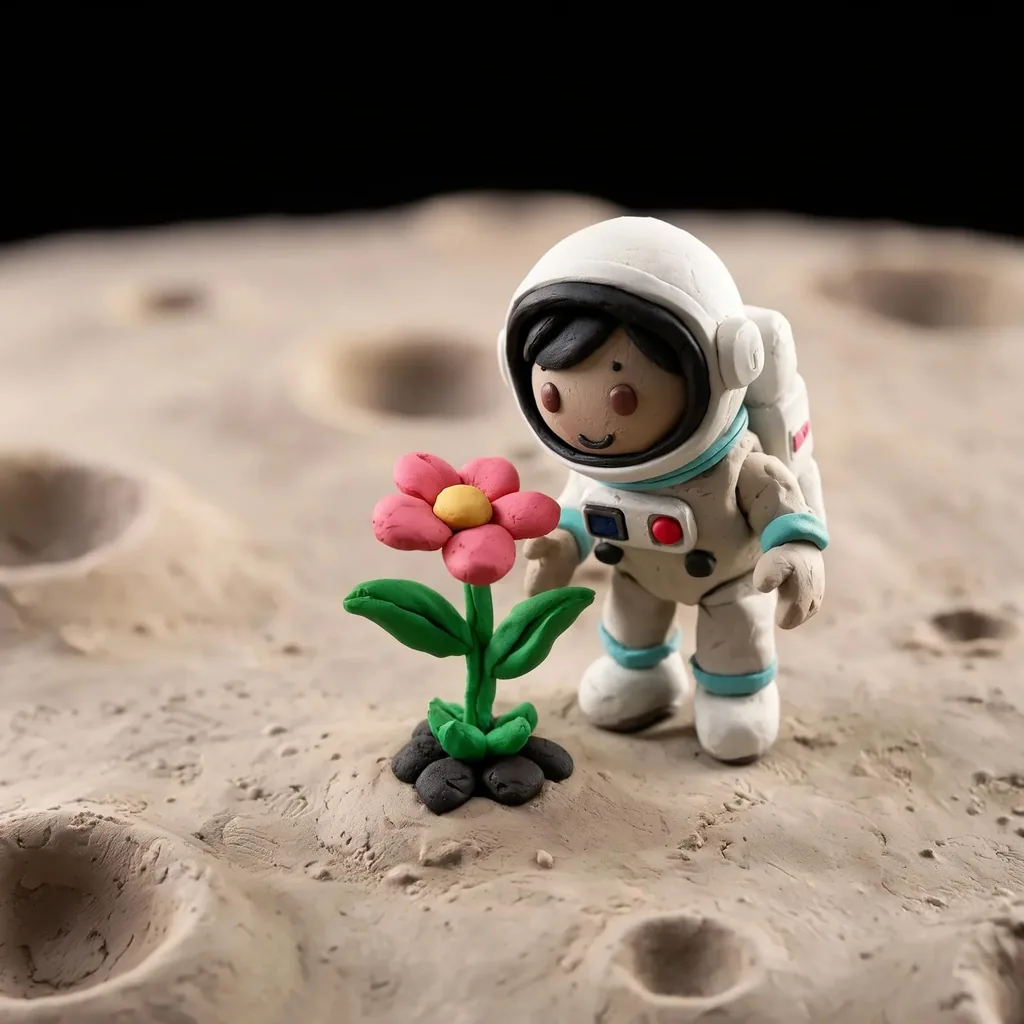 Claymation astronaut planting a flower on the moon, made with FLUX 3 Image Klein