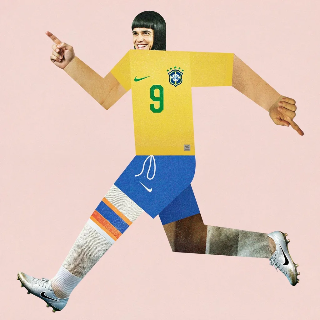 Collage illustration of a footballer in a yellow number 9 shirt, made with FLUX 3 Image Klein