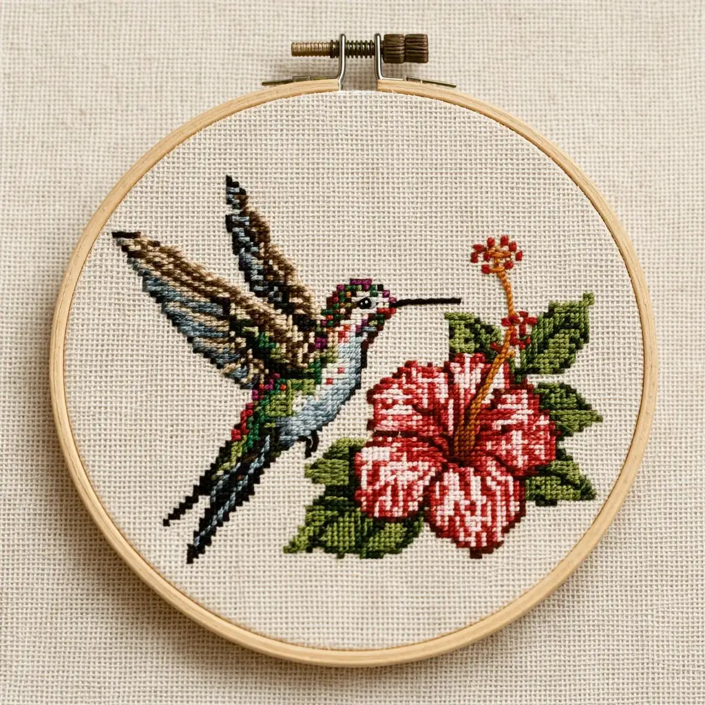 Cross-stitch hummingbird and hibiscus in an embroidery hoop, made with FLUX 3 Image Klein