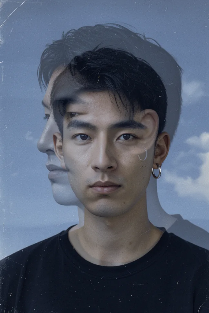 Double exposure portrait: a young East Asian man facing the camera, a larger translucent profile of him…, made with FLUX 3 Image Klein