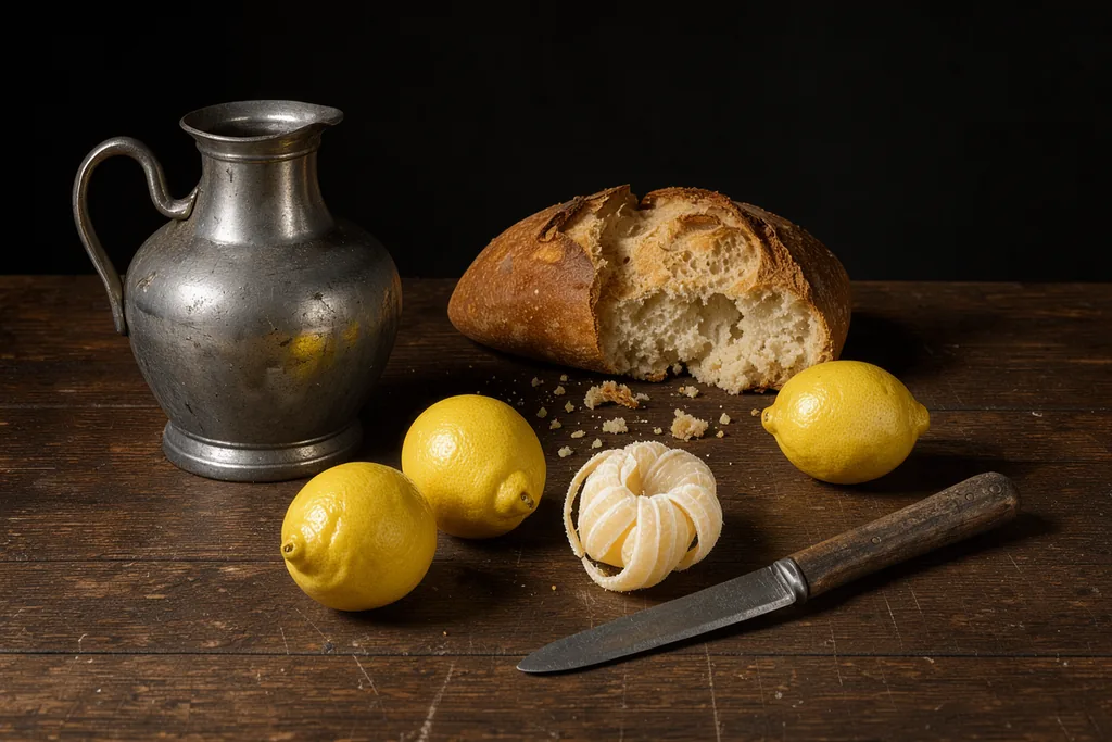 A still life photographed in the register of a Dutch painting: a torn loaf, a pewter jug, three lemons with…, made with FLUX 3 Image Klein