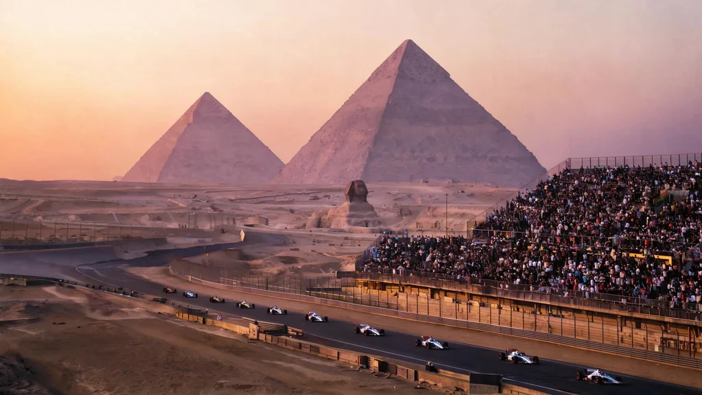 Formula 1 cars race along a curved desert track at dusk, a packed grandstand on the right, the Sphinx and the…, made with FLUX 3 Image Klein