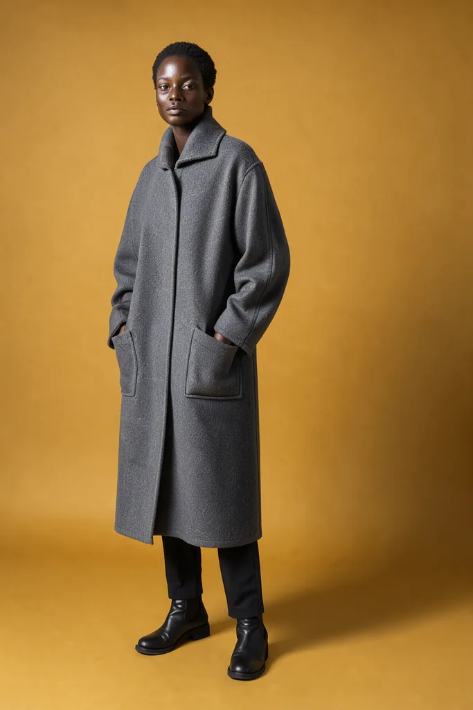 Fashion editorial, a model in an oversized grey wool coat against a mustard seamless, one hard key light from…, made with FLUX 3 Image Klein