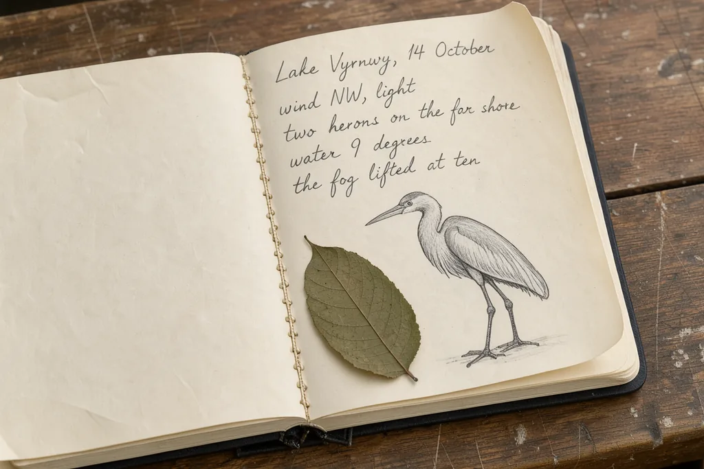 An open field notebook on a wooden table, handwritten in pencil: the heading 'Lake Vyrnwy, 14 October', then…, made with FLUX 3 Image Klein