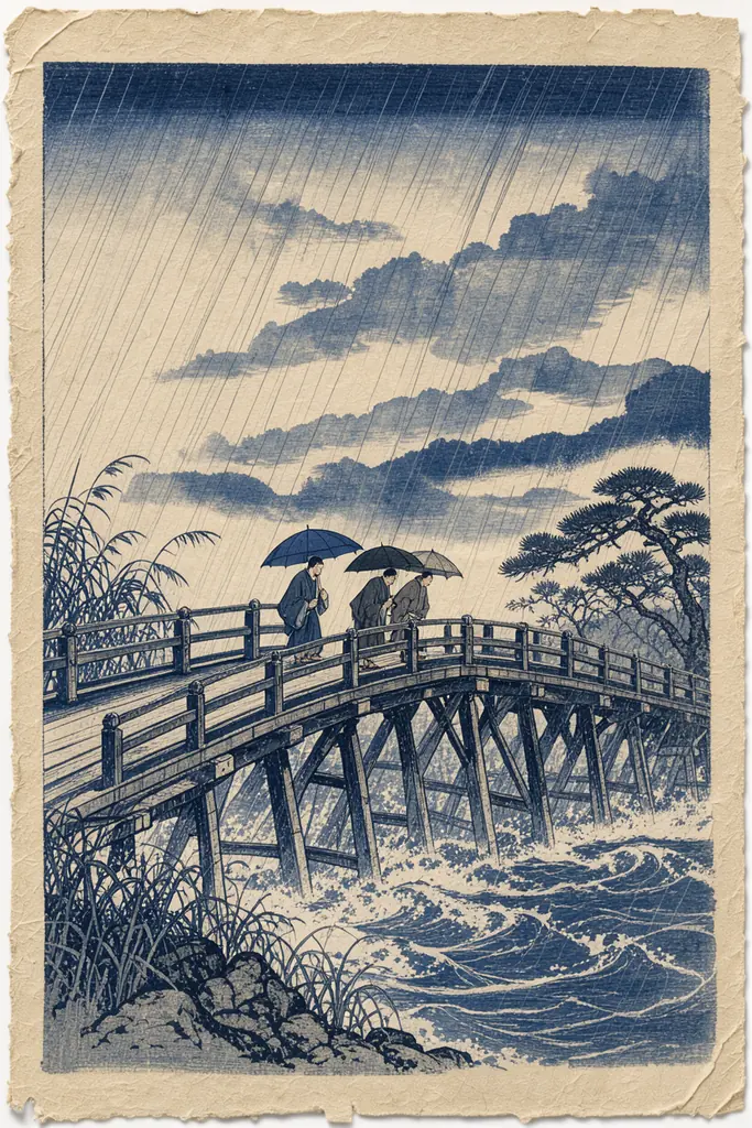 A woodblock print of sudden rain over a wooden bridge, Hiroshige register, indigo and sumi, the rain as fine…, made with FLUX 3 Image Klein