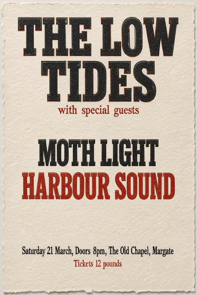 A letterpress gig poster on cream stock, wood type: 'THE LOW TIDES' very large at the top, below it 'with…, made with FLUX 3 Image Klein