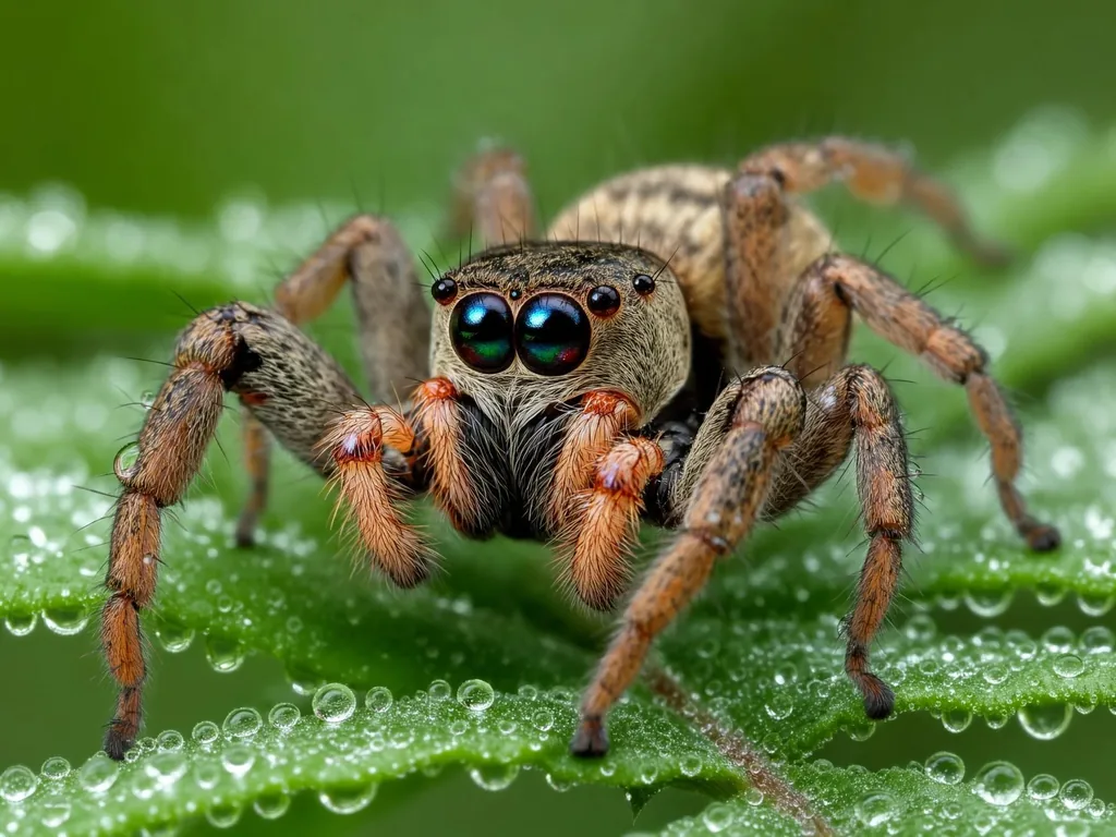 Macro photograph of a jumping spider perched on a fern frond covered in morning dew drops, its large…, made with FLUX 3 Image Klein