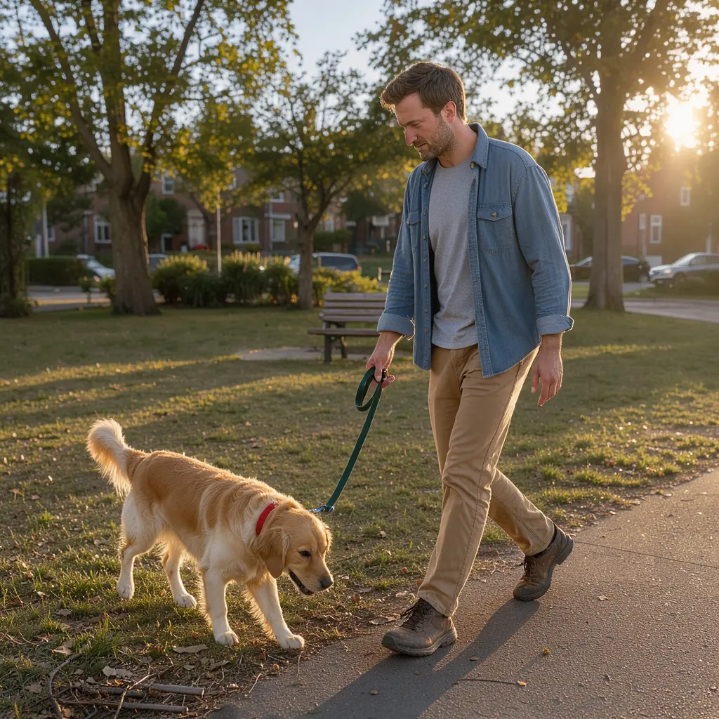 A man walking with his dog, afternoon sun, made with FLUX 3 Image Klein