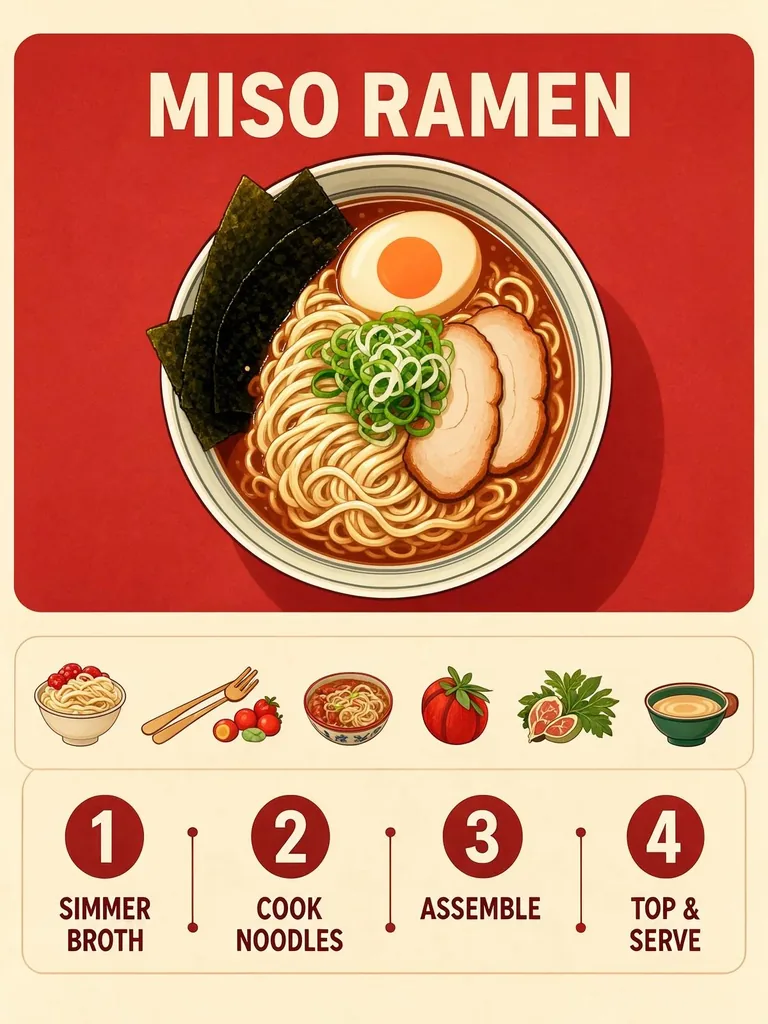 Miso ramen recipe infographic in four steps, made with FLUX 3 Image Klein