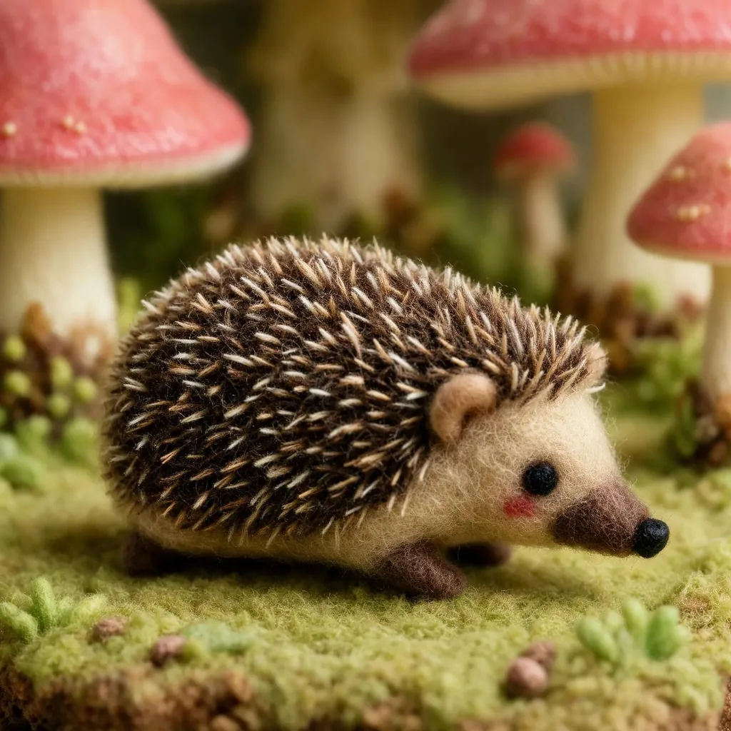 Needle-felted hedgehog in a mushroom forest, made with FLUX 3 Image Klein