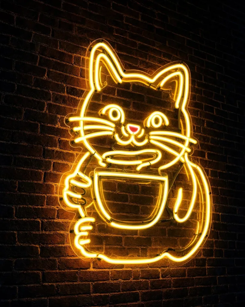 Neon sign of a cat holding a coffee cup on a brick wall, made with FLUX 3 Image Klein