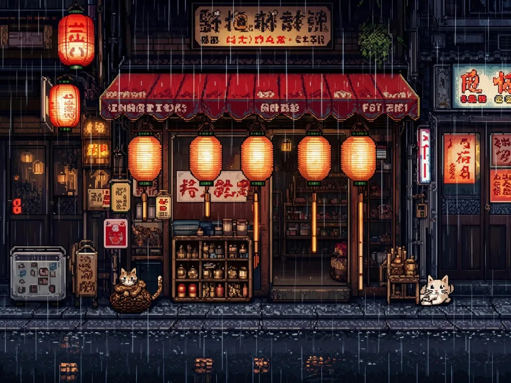 16-bit pixel art of a ramen shop street at night in the rain, glowing paper lanterns, a cat sheltering under…, made with FLUX 3 Image Klein