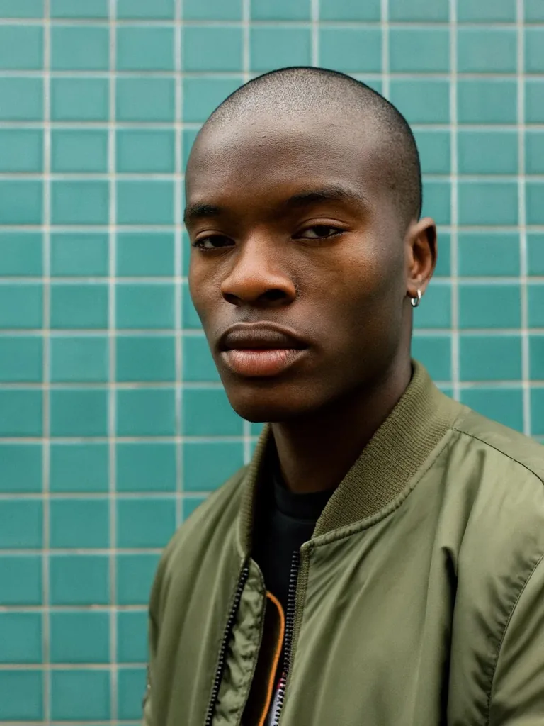 Portrait of a young man in an olive bomber against teal tiles, made with FLUX 3 Image Klein