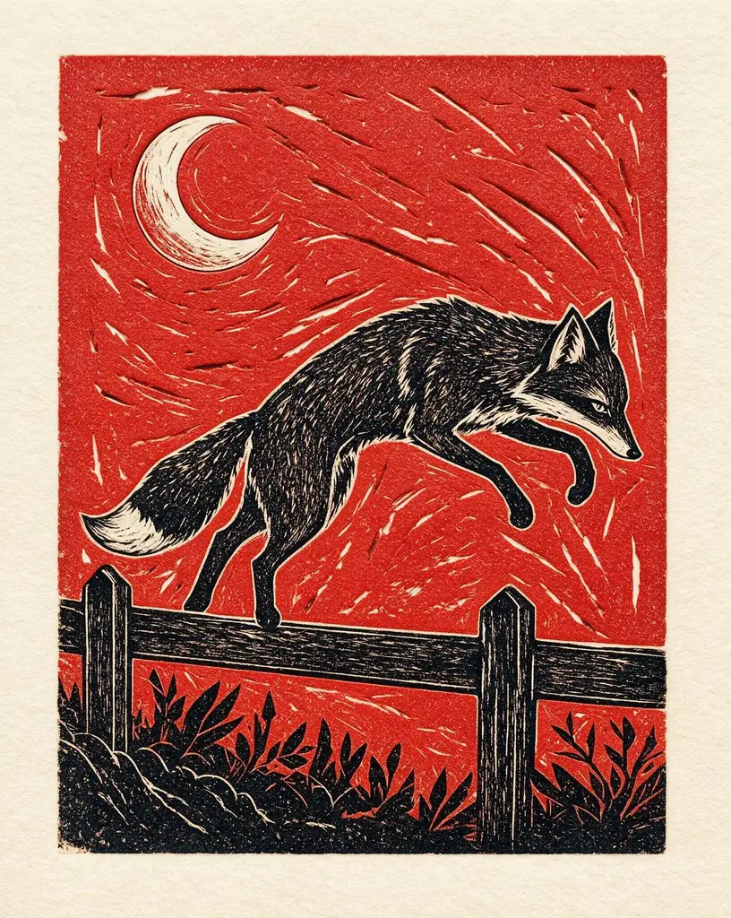 Red and black linocut of a fox leaping a fence, made with FLUX 3 Image Klein