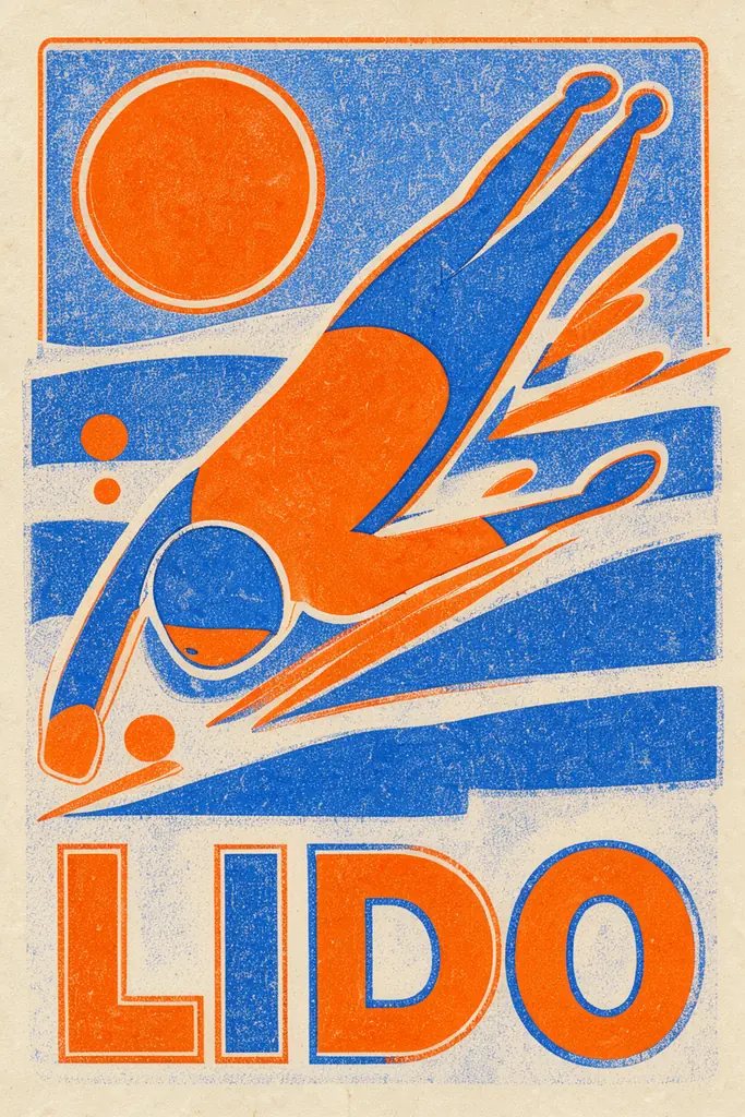 A risograph poster in two inks, fluorescent orange and blue, slightly misregistered, a swimmer mid-dive in…, made with FLUX 3 Image Klein