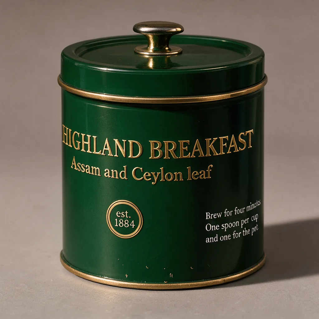 A tea tin, dark green enamel: 'HIGHLAND BREAKFAST' in gold caps on the front, 'Assam and Ceylon leaf'…, made with FLUX 3 Image Klein