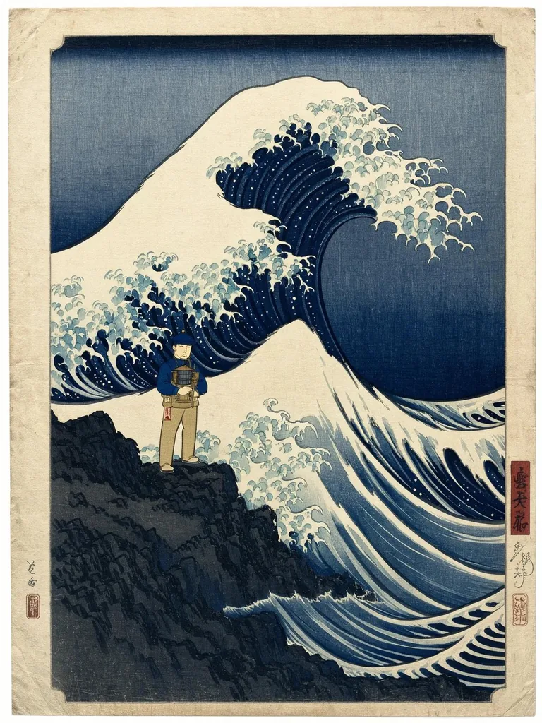 Ukiyo-e print of a lighthouse keeper in a storm, made with FLUX 3 Image Klein