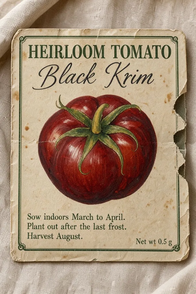 Vintage seed packet reading HEIRLOOM TOMATO Black Krim, made with FLUX 3 Image Klein