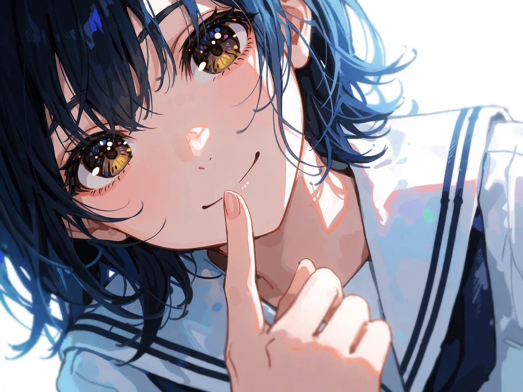 Close-up anime portrait of a young woman, large amber-brown eyes with intricate sparkling reflections, index…, made with Krea 2