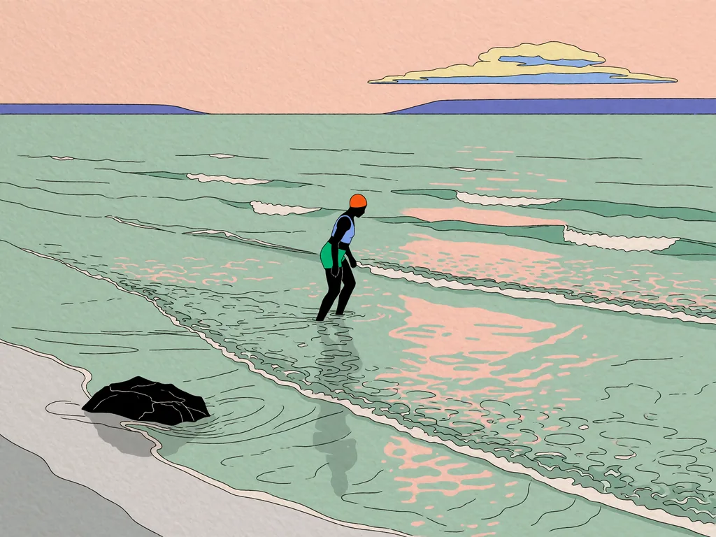 A minimalist flat-color illustration of a person wading through expansive shallow ocean waves beneath a pale…, made with Krea 2