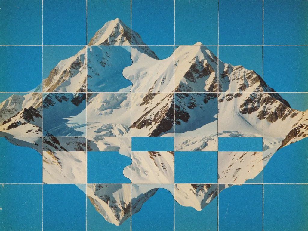 Vintage analog collage, central irregularly shaped snowy mountain range with a section featuring distinct…, made with Krea 2