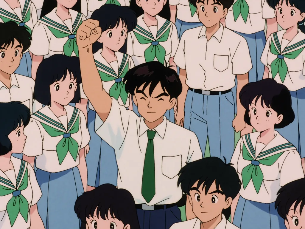 1990s vintage anime style cel animation, densely packed crowd of teenagers in summer uniforms, central boy…, made with Krea 2