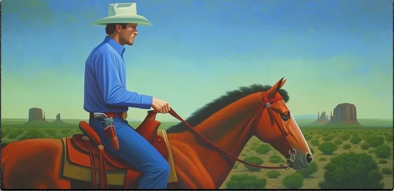 Male cowboy riding horse through the desert, close up shot, style reference 10, made with Krea 2