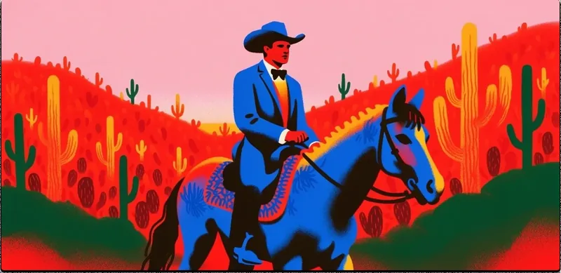 Male cowboy riding horse through the desert, close up shot, style reference 11, made with Krea 2