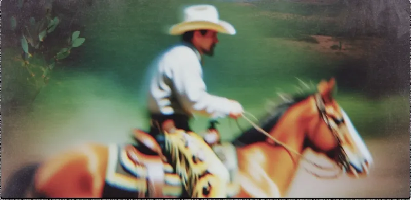 Male cowboy riding horse through the desert, close up shot, style reference 12, made with Krea 2