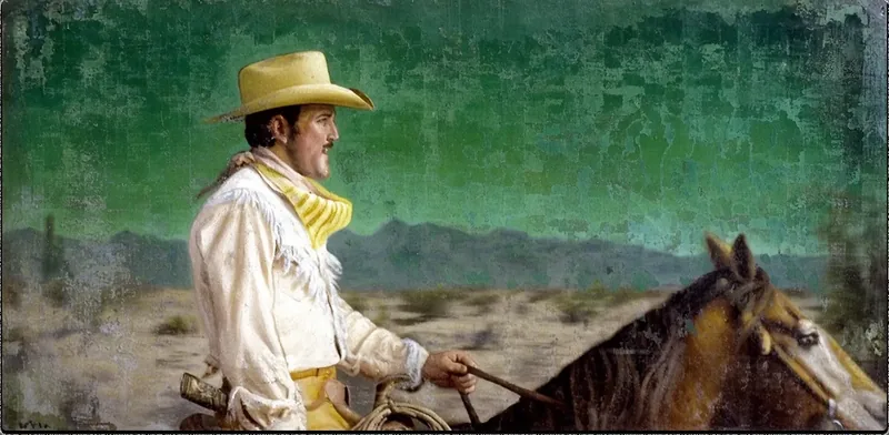 Male cowboy riding horse through the desert, close up shot, style reference 3, made with Krea 2